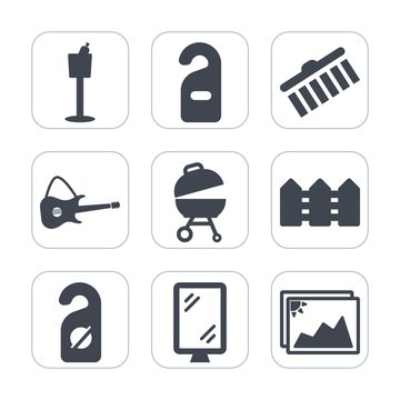 Premium fill icons set on white background . Such as privacy, photo, meat, grill, restaurant, stroke, frame, street, rock, collection, barbecue, guitar, red, fence, alcohol, drink, stain, room, hotel