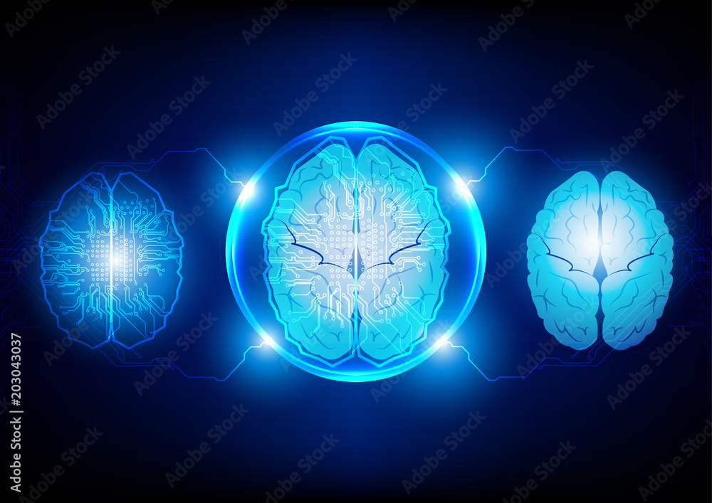 Poster brain with circuit board technology concept. vector technology design background