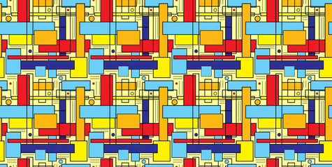 Seamless repeating background of colored squares, lines and strokes