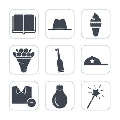 Premium fill icons set on white background . Such as shirt, white, tooth, object, cream, cap, textbook, toothbrush, energy, power, bulb, flower, bouquet, floral, literature, clothing, food, sign, book