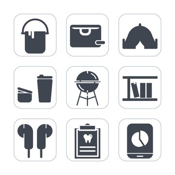Premium fill icons set on white background . Such as tourism, paint, bbq, dentistry, house, wall, , drink, work, chart, buy, store, bag, home, patient, book, nature, summer, man, barbecue, travel, cup