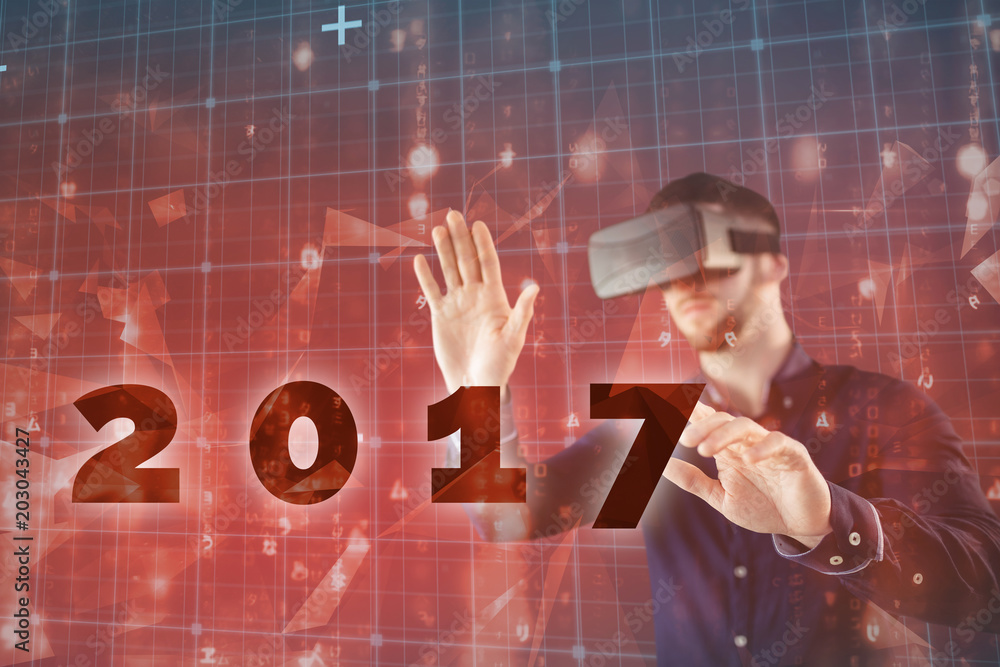Poster Man using virtual reality simulator against abstract background