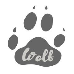 wolf paw print design. The trail of a big wild beast. Lettering vector illustration. Calligraphy handwritten text.
