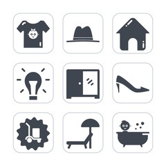 Premium fill icons set on white background . Such as kid, object, real, cap, energy, interior, light, shower, cabinet, warehouse, female, construction, cargo, house, clothing, package, newborn, estate