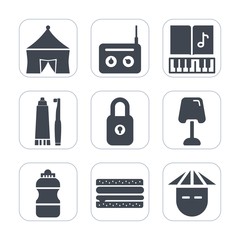 Premium fill icons set on white background . Such as lock, clef, radio, snack, security, interior, tent, equipment, broadcast, microphone, entertainment, health, water, recreation, home, hygiene, fun