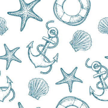 Marine seamless pattern with seashell, starfish and anchor. Vector
