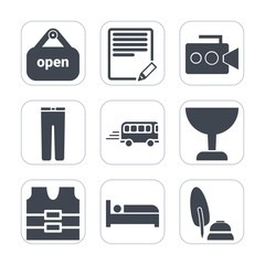Premium fill icons set on white background . Such as text, black, vest, paper, glass, bus, open, camera, business, protective, sign, door, store, video, handle, pants, transport, road, movie, hotel