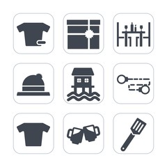 Premium fill icons set on white background . Such as head, headwear, boat, holiday, beer, spoon, white, bar, gift, bow, alcohol, transport, restaurant, present, coffee, cooking, hat, ribbon, chain