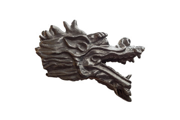 Metal sculpture of dragon head unicorn on white background