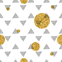 Triangles and golden circles, sequins. Seamless pattern. Geometric, abstract background. Doodle shapes.