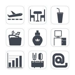 Premium fill icons set on white background . Such as female, chair, internet, aroma, furniture, plane, dinner, spoon, interior, flight, restaurant, cold, airplane, envelope, drink, table, web, juice