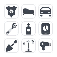 Premium fill icons set on white background . Such as balance, sofa, mobile, clothing, leisure, comfortable, tool, modern, baby, boy, kid, clothes, spanner, sign, cute, child, liquid, small, dryer, car