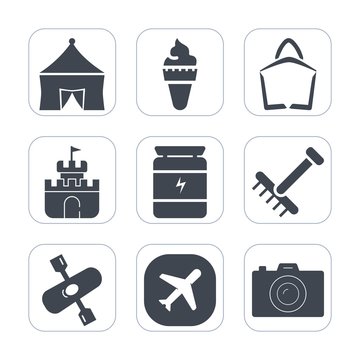 Premium fill icons set on white background . Such as vanilla, background, river, fitness, circus, sweet, summer, sale, technology, health, photographer, toy, rake, festival, bag, airplane, tent, food
