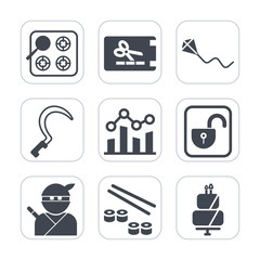 Premium fill icons set on white background . Such as sky, fun, discount, paper, weapon, price, unlock, gas, finance, security, business, open, lock, cooking, salmon, graph, oven, protection, gardening