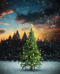 Naklejka premium Composite image of christmas tree against fir tree forest in snowy landscape