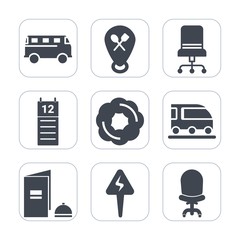 Premium fill icons set on white background . Such as armchair, brochure, transportation, web, bakery, seat, paper, speed, style, chair, travel, book, calendar, restaurant, sweet, interior, muffin, van