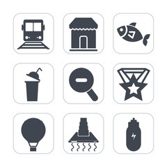 Premium fill icons set on white background . Such as sign, beverage, fishing, success, vehicle, travel, coffee, food, market, cup, hood, hot, web, seafood, concept, sale, sea, extreme, graphic, jump