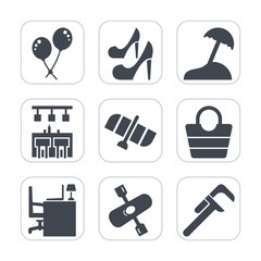 Premium fill icons set on white background . Such as water, air, space, high, heel, river, desk, orbit, table, sea, kayak, female, bag, kayaking, beach, activity, object, service, style, business, bar