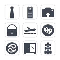 Premium fill icons set on white background . Such as interior, kamon, bag, strategy, equipment, piece, cabinet, caffeine, japan, travel, coffee, upload, transport, airplane, plane, photo, fashion, mon