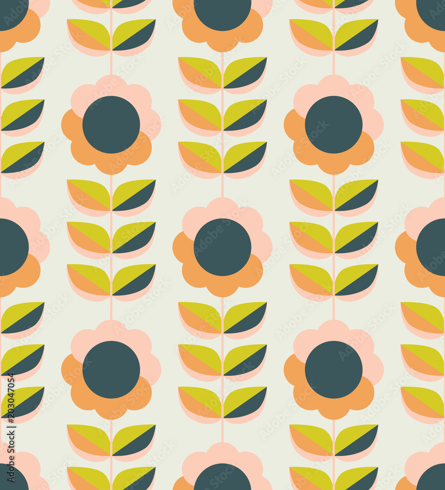 Aufkleber seamless pattern with flowers and leaves in retro scandinavian style