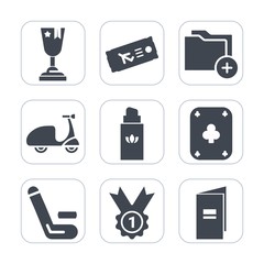 Premium fill icons set on white background . Such as book, bottle, first, data, travel, match, business, flight, ride, folder, fashion, champion, file, place, plane, tourism, ticket, game, fly, award