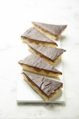 Homemade tart with peanut butter, caramel and chocolate