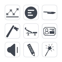 Premium fill icons set on white background . Such as sound, application, fitness, audio, mobile, restaurant, identity, bar, volume, metal, card, music, pencil, financial, id, saw, interface, seat, pen