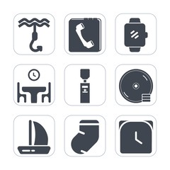 Premium fill icons set on white background . Such as cd, fashion, home, web, display, internet, gallon, clock, liquid, watch, mobile, book, wireless, winter, ship, hour, dvd, hook, fishing, device