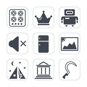 Premium fill icons set on white background . Such as queen, technology, camp, finance, gardening, king, garden, business, royal, appliance, cyborg, photo, heat, frame, robot, cooking, volume, oven