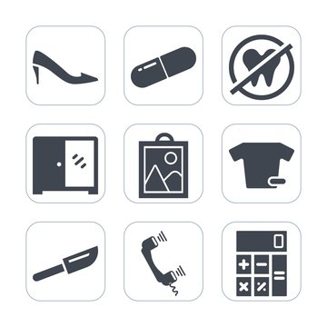 Premium fill icons set on white background . Such as dinner, clothing, care, phone, dentist, drug, elegant, mouth, shirt, pharmacy, calculator, shoe, restaurant, call, finance, hygiene, tooth, health