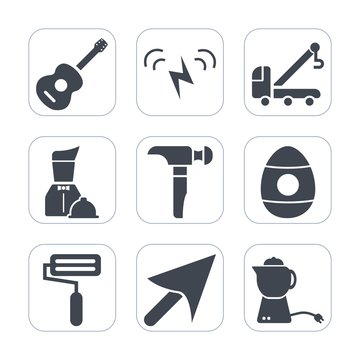 Premium fill icons set on white background . Such as sun, transportation, energy, holiday, rock, sound, cursor, road, music, saw, hot, waiter, web, easter, solar, environment, accident, white, hammer