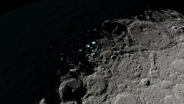 Animation of the presence of surface water ice in craters in the south pole of the Moon. Elements of this image furnished by NASA's Scientific Visualization Studio.