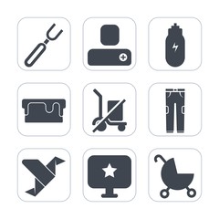 Premium fill icons set on white background . Such as contact, pram, stroller, carriage, social, star, food, baby, healthy, dinner, sign, art, shipping, computer, restaurant, lifestyle, pants, person