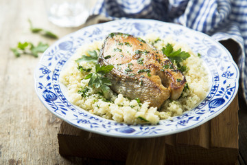 Grilled fish with couscous and herbs