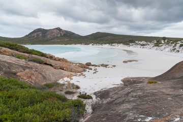 White beach of Thistle Cove on an overcast day, one of the most beautiful places in the Cape Le...