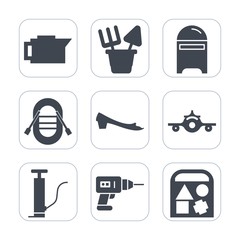 Premium fill icons set on white background . Such as footwear, delivery, work, ball, beach, hand, beverage, white, fashion, box, drill, airplane, drink, sign, closeup, coffee, plastic, cup, boat, tool