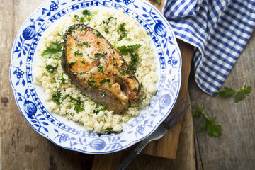 Grilled fish with couscous and herbs