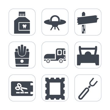 Premium fill icons set on white background . Such as truck, frame, hygiene, snack, alien, business, fork, discount, technology, science, template, fresh, price, ufo, galaxy, french, delivery, care
