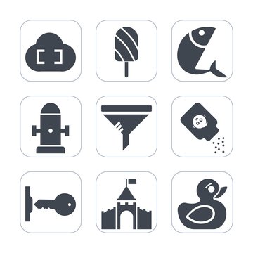 Premium fill icons set on white background . Such as seafood, building, conditioner, sign, security, medieval, clean, fire, castle, sea, play, cloud, baby, technology, key, filter, summer, department