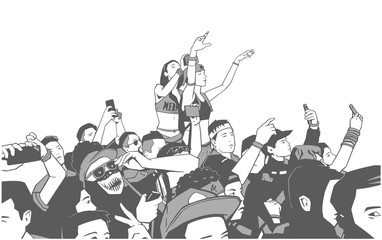Illustration of large croncert crowd of people cheering at festival party with hands raised