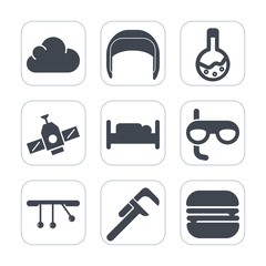 Premium fill icons set on white background . Such as building, cloud, bedroom, sport, scuba, laboratory, tooth, cheeseburger, medicine, industrial, furniture, station, service, burger, tool, sandwich