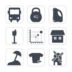 Premium fill icons set on white background . Such as sign, vehicle, home, island, bus, data, mill, measurement, restaurant, shirt, holder, kilogram, electricity, background, weight, fashion, road, red