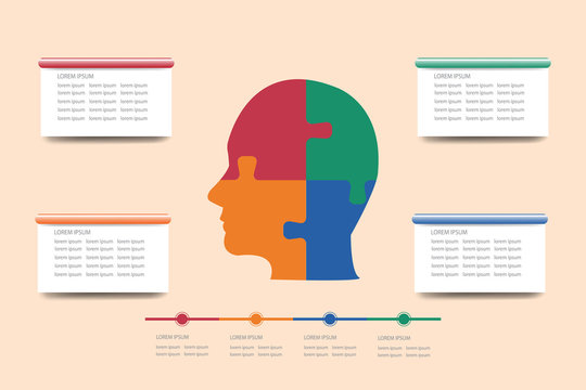 The concept vector of the man's head silhouette in four colors surrounded by rectangular labels and timeline ready for your text.