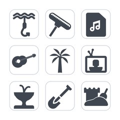 Premium fill icons set on white background . Such as art, hammer, entertainment, , shovel, sign, work, fish, electric, screwdriver, screen, tower, famous, landmark, statue, brush, music, paint, note