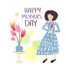 Card to Mother's day. Mom and flowers in a vase.