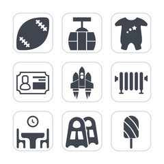 Premium fill icons set on white background . Such as space, urban, home, id, transportation, baby, family, goal, train, ball, american, technology, dessert, clothing, stadium, cable, dinner, sky, car