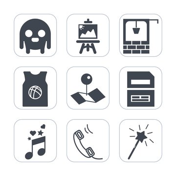 Premium fill icons set on white background . Such as creature, note, well, art, painter, character, sport, pointer, alien, monster, pin, phone, extraterrestrial, basketball, communication, map, stone
