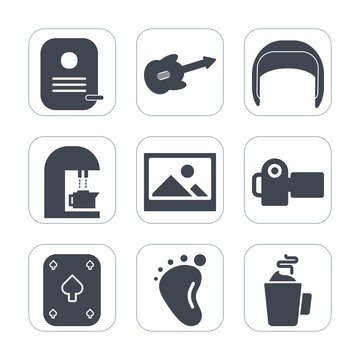 Premium fill icons set on white background . Such as building, guitar, identity, belt, instrument, helmet, sound, music, cup, child, hot, technology, small, camera, electric, baby, frame, newborn, old