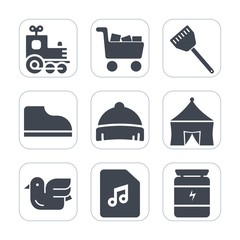 Premium fill icons set on white background . Such as animal, retail, shop, pan, nutrition, wildlife, vehicle, kitchen, fitness, toy, travel, health, transport, sale, sound, circus, train, restaurant