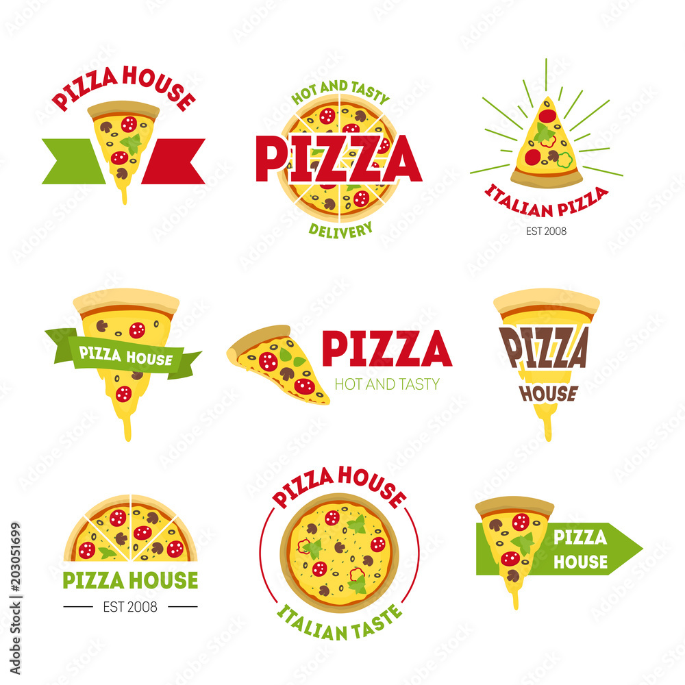 Sticker Cartoon Pizzeria Signs Color Set. Vector